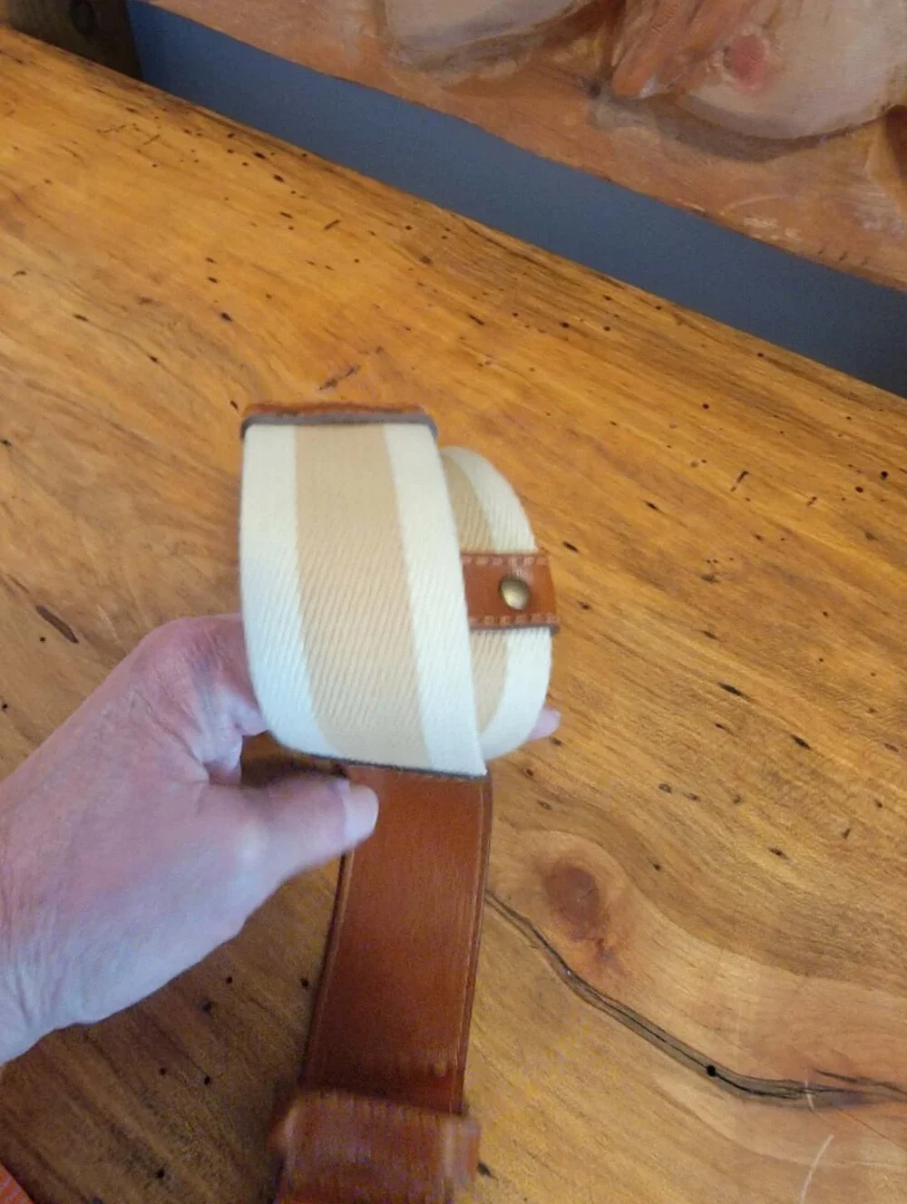 French Connection Cream & Tan Canvas and Brown Cow Leather Belt w/Brass Buckle
